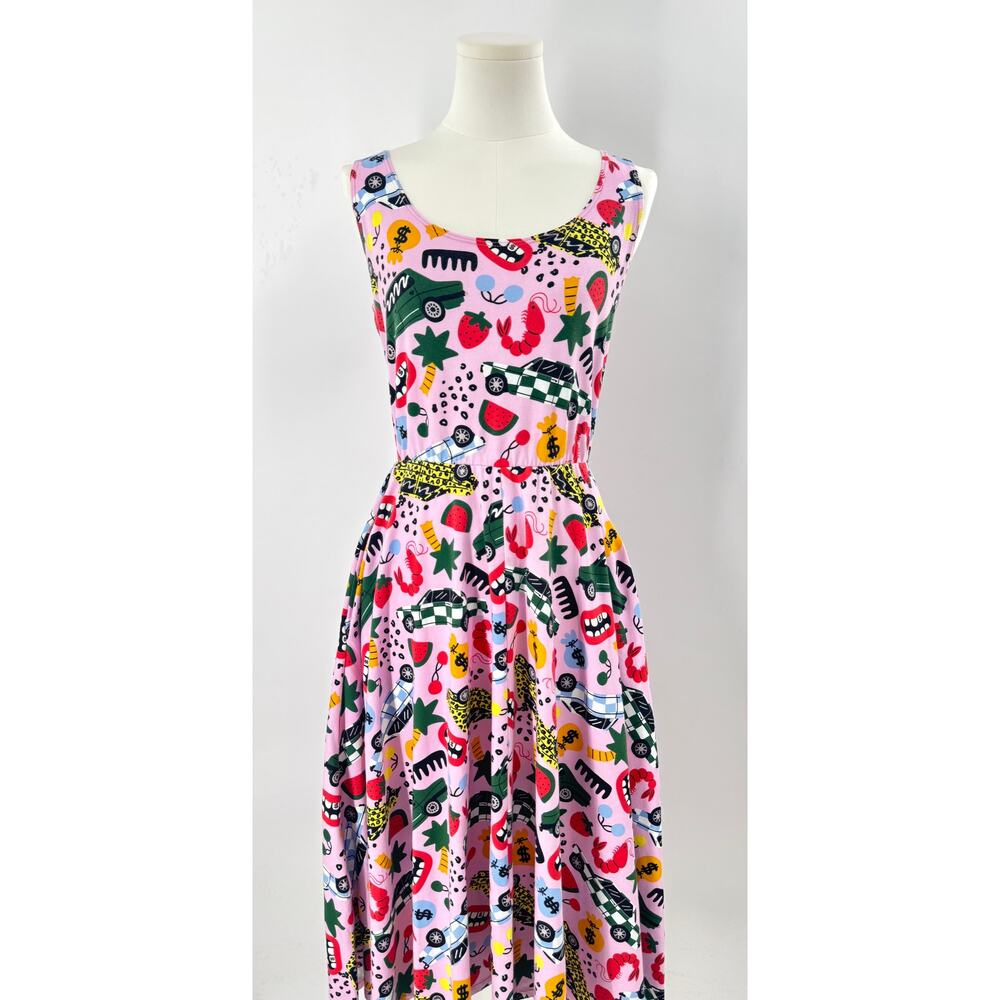 Nooworks The Rollout Print Dress Pink Sleeveless Whimsical Fun Large NWT